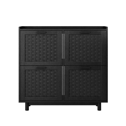 Sapateira preta com portas basculantes, frente com efeito rattan, armazenamento compacto com puxadores de metal Sapateira preta com portas basculantes, frente com efeito rattan, armazenamento compacto com puxadores de metal