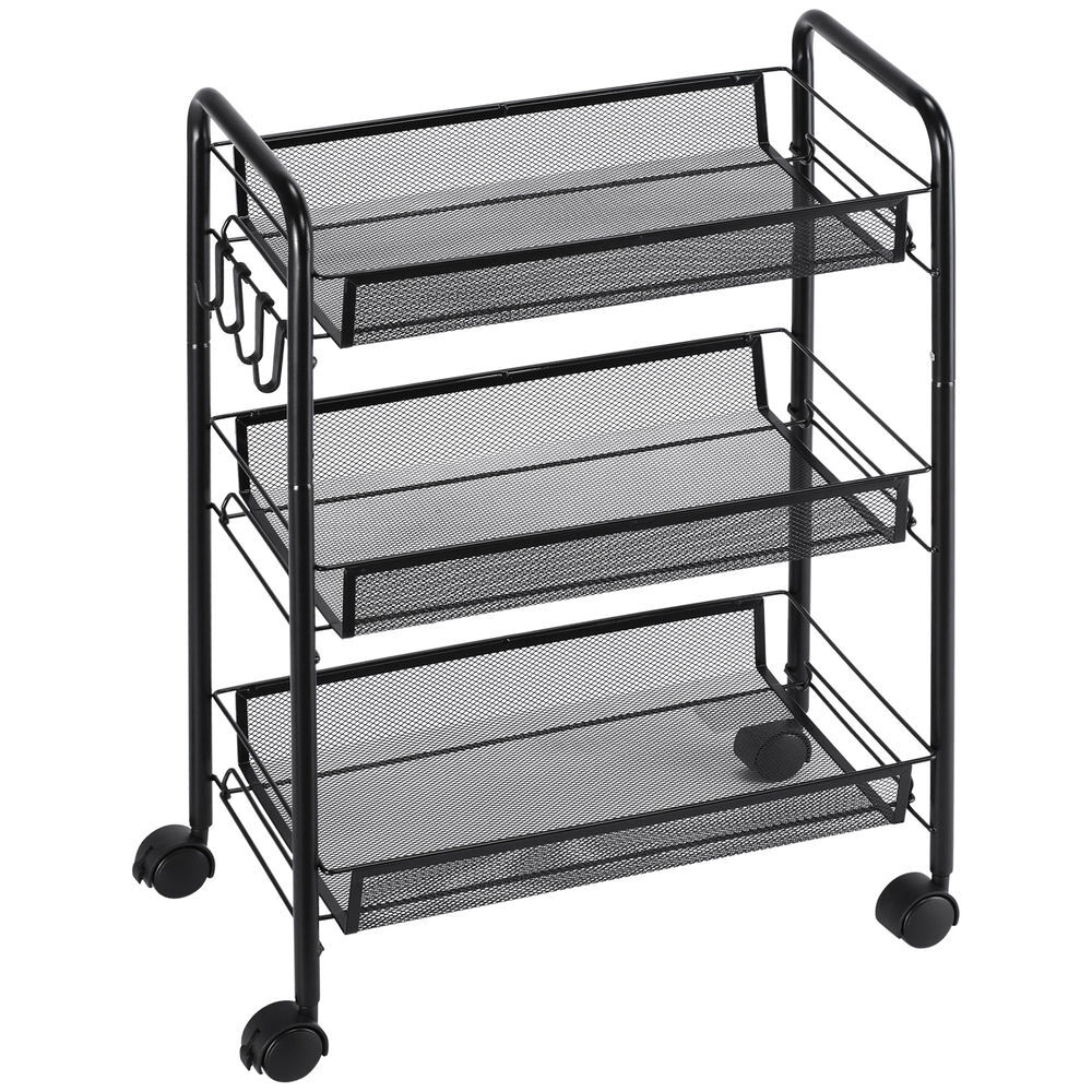 Homcom carrito auxiliar con ruedas, verdulero cocina de 3 niveles, carrito de cocina con 4 ganchos, carga 9 kg, para comedor, sala de estar, baño, 45x26,5x63 cm, negro