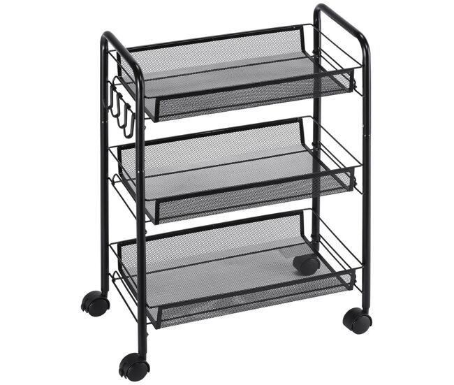 Homcom carrito auxiliar con ruedas, verdulero cocina de 3 niveles, carrito de cocina con 4 ganchos, carga 9 kg, para comedor, sala de estar, baño, 45x26,5x63 cm, negro
