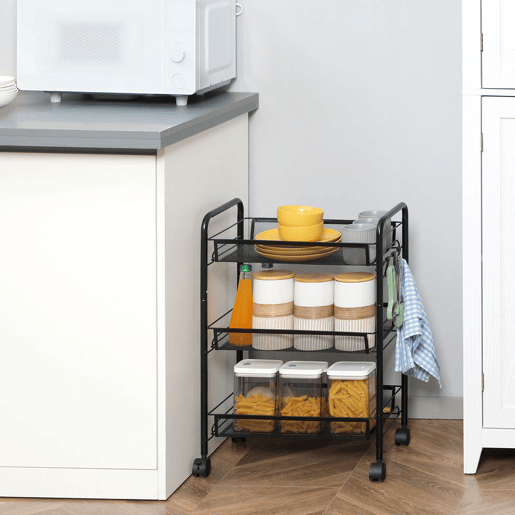 HOMCOM Carrinho Auxiliar com Rodas, Carrinho de Cozinha em Aço com 3 Cestos, Suporta 9 kg, para Sala de Jantar, Sala de Estar, Casa de Banho, 45x26,5x63 cm, Preto HOMCOM Carrinho Auxiliar com Rodas, Carrinho de Cozinha em Aço com 3 Cestos, Suporta 9 kg, para Sala de Jantar, Sala de Estar, Casa de Banho, 45x26,5x63 cm, Preto