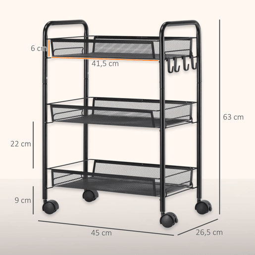 HOMCOM Carrinho Auxiliar com Rodas, Carrinho de Cozinha em Aço com 3 Cestos, Suporta 9 kg, para Sala de Jantar, Sala de Estar, Casa de Banho, 45x26,5x63 cm, Preto HOMCOM Carrinho Auxiliar com Rodas, Carrinho de Cozinha em Aço com 3 Cestos, Suporta 9 kg, para Sala de Jantar, Sala de Estar, Casa de Banho, 45x26,5x63 cm, Preto