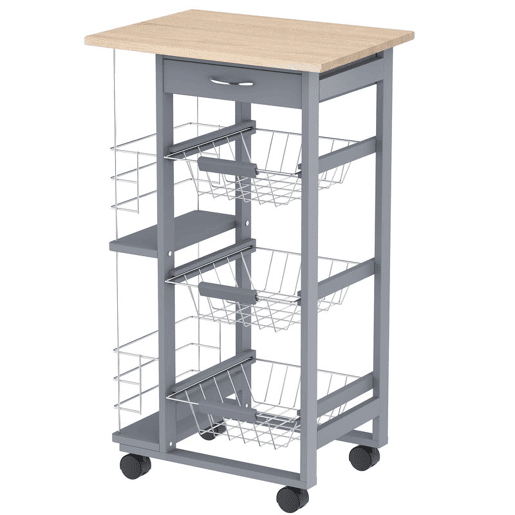HOMCOM Carrinho Auxiliar com Rodas, Carrinho de Cozinha com 3 Cestos Metálicos, Gaveta, 2 Suportes para Garrafas, Estrutura de Madeira de Pinho, Para Legumes, Frutas, Para Sala de Jantar, 47x37x83 cm, Cinzento HOMCOM Carrinho Auxiliar com Rodas, Carrinho de Cozinha com 3 Cestos Metálicos, Gaveta, 2 Suportes para Garrafas, Estrutura de Madeira de Pinho, Para Legumes, Frutas, Para Sala de Jantar, 47x37x83 cm, Cinzento