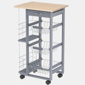 HOMCOM Carrinho Auxiliar com Rodas, Carrinho de Cozinha com 3 Cestos Metálicos, Gaveta, 2 Suportes para Garrafas, Estrutura de Madeira de Pinho, Para Legumes, Frutas, Para Sala de Jantar, 47x37x83 cm, Cinzento