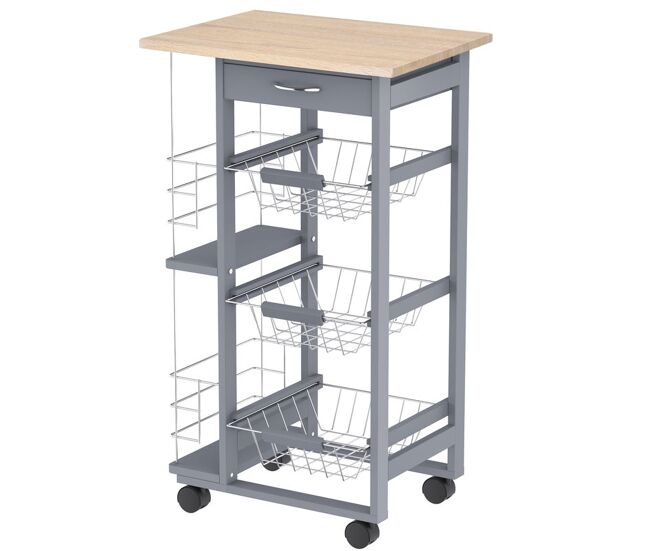Homcom carrito auxiliar con ruedas, carrito de cocina con 3 cestas metálicas, cajón, 2 especieros, estructura de madera de pino, para verduras, frutas, para comedor, 47x37x83 cm, gris