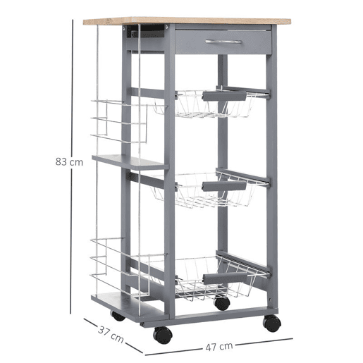 HOMCOM Carrinho Auxiliar com Rodas, Carrinho de Cozinha com 3 Cestos Metálicos, Gaveta, 2 Suportes para Garrafas, Estrutura de Madeira de Pinho, Para Legumes, Frutas, Para Sala de Jantar, 47x37x83 cm, Cinzento HOMCOM Carrinho Auxiliar com Rodas, Carrinho de Cozinha com 3 Cestos Metálicos, Gaveta, 2 Suportes para Garrafas, Estrutura de Madeira de Pinho, Para Legumes, Frutas, Para Sala de Jantar, 47x37x83 cm, Cinzento