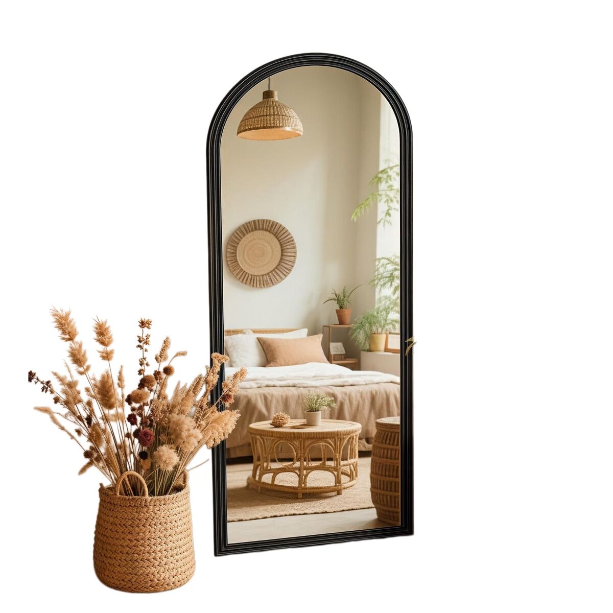 Espejo de cuerpo entero arco en madera negra 160x50 cm, espejo de pie ajustable con marco estilo vintage para dormitorio y salón
