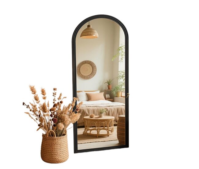 Espejo de cuerpo entero arco en madera negra 160x50 cm, espejo de pie ajustable con marco estilo vintage para dormitorio y salón