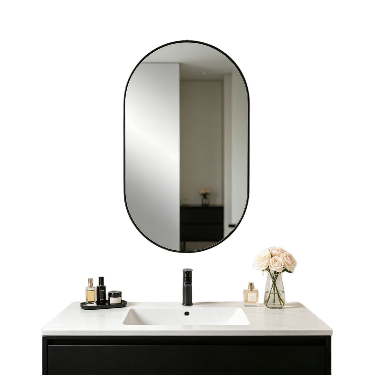 Espejo de pared ovalado moderno 50x70 cm marco metálico negro cristal hd película antiexplosión para casa baño dormitorio