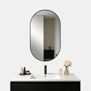 Espelho de Parede Oval Moderno 50x70 cm com Moldura Metálica Preta Vidro de Alta Definição e PelÃcula Antiexplosão para Casa Casa de Banho