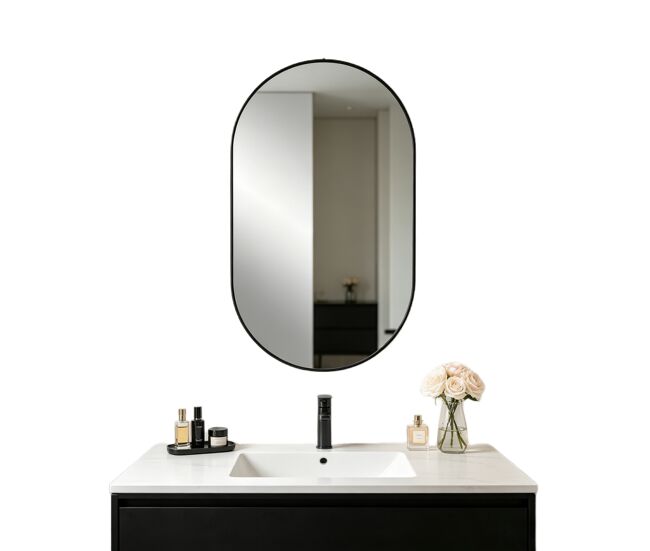 Espejo de pared ovalado moderno 50x70 cm marco metálico negro cristal hd película antiexplosión para casa baño dormitorio