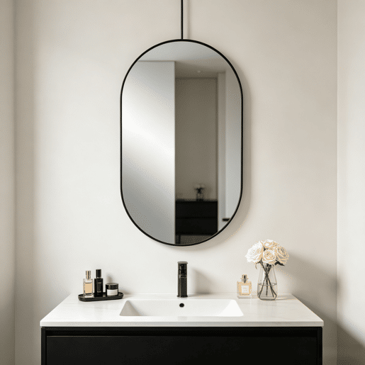 Espelho de Parede Oval Moderno 50x70 cm com Moldura Metálica Preta Vidro de Alta Definição e Película Antiexplosão para Casa Casa de Banho Espelho de Parede Oval Moderno 50x70 cm com Moldura Metálica Preta Vidro de Alta Definição e Película Antiexplosão para Casa Casa de Banho