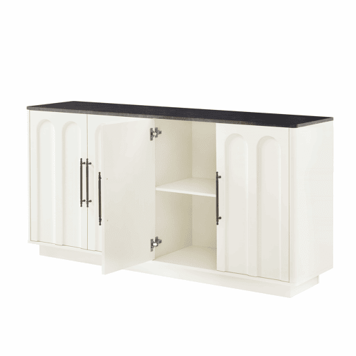 Aparador de 160 cm - frente arqueada, 4 portas, dobradiças com fecho suave, sistema anti-tombamento, armário de arrumação para sala de estar e sala de jantar - branco e preto Aparador de 160 cm - frente arqueada, 4 portas, dobradiças com fecho suave, sistema anti-tombamento, armário de arrumação para sala de estar e sala de jantar - branco e preto