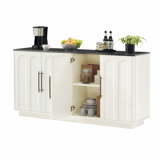 Aparador de 160 cm - frente arqueada, 4 portas, dobradiças com fecho suave, sistema anti-tombamento, armário de arrumação para sala de estar e sala de jantar - branco e preto Aparador de 160 cm - frente arqueada, 4 portas, dobradiças com fecho suave, sistema anti-tombamento, armário de arrumação para sala de estar e sala de jantar - branco e preto