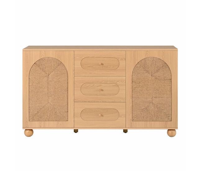 Aparador - puertas de malla de cuerda, 2 puertas y 3 cajones, patas de madera de pino - natural