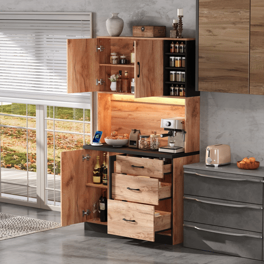 Armário alto de cozinha 105 x 40 x 180 cm - moderno, com iluminação LED, prateleiras ajustáveis, tomada Euro - preto e madeira