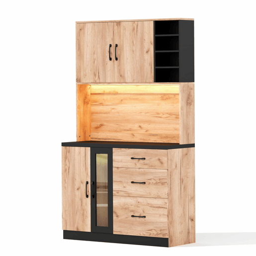 Armário alto de cozinha 105 x 40 x 180 cm - moderno, com iluminação LED, prateleiras ajustáveis, tomada Euro - preto e madeira
