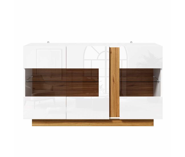 Aparador 120x38x80 cm - 3 puertas acrílicas, 2 compartimentos y led regulable - blanco y natural