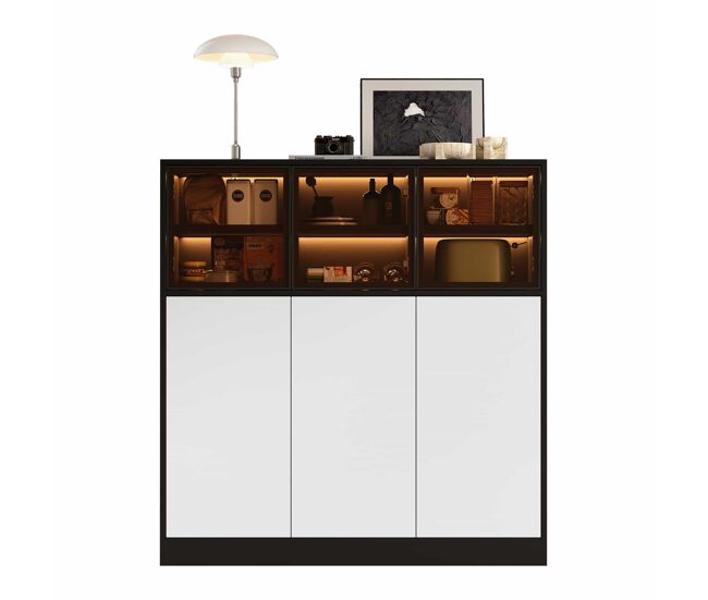 Aparador 100x40x105 cm - 3 puertas de cristal, 3 puertas blancas, con iluminación, armario de almacenamiento multifuncional - negro y blanco