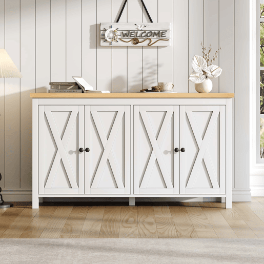 Aparador moderno 140 x 40 x 78 cm - 4 portas, puxadores redondos pretos, 2 compartimentos, MDF - branco