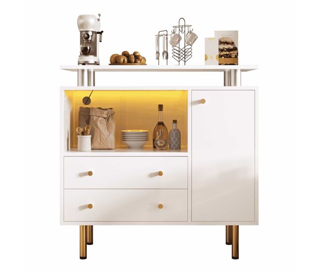 Aparador 80x35x80 cm - led, puertas correderas de cristal, cajones y patas metálicas - blanco