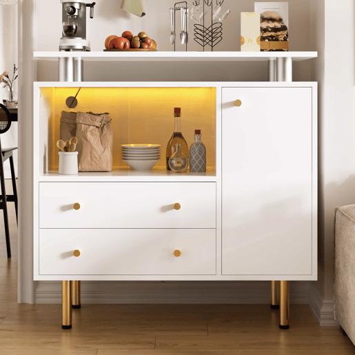 Aparador 80 x 35 x 80 cm - LED, portas de correr em vidro, gavetas e pés metálicos - Branco Aparador 80 x 35 x 80 cm - LED, portas de correr em vidro, gavetas e pés metálicos - Branco