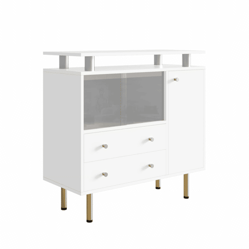 Aparador 80 x 35 x 80 cm - LED, portas de correr em vidro, gavetas e pés metálicos - Branco Aparador 80 x 35 x 80 cm - LED, portas de correr em vidro, gavetas e pés metálicos - Branco