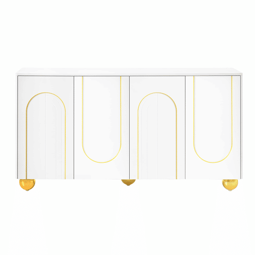 Aparador de 140 cm com 4 portas u2013 decoração com linhas douradas curvas e pés metálicos esféricos u2013 Branco