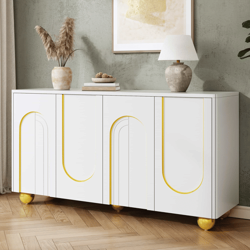 Aparador de 140 cm com 4 portas u2013 decoração com linhas douradas curvas e pés metálicos esféricos u2013 Branco