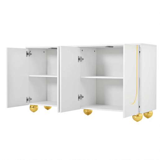 Aparador de 140 cm com 4 portas u2013 decoração com linhas douradas curvas e pés metálicos esféricos u2013 Branco