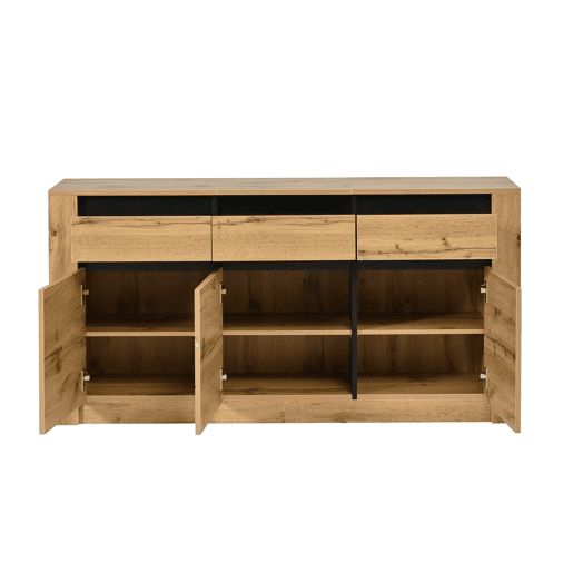 Aparador ondulado 135×35×70 cm - 9 compartimentos, 3 gavetas, armário moderno para sala de estar - madeira natural Aparador ondulado 135×35×70 cm - 9 compartimentos, 3 gavetas, armário moderno para sala de estar - madeira natural