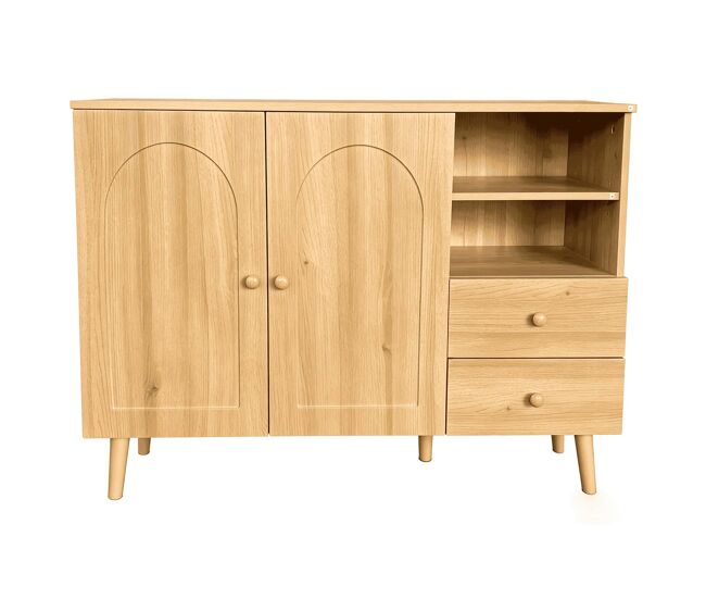 Aparador - sin medidas - puertas curvas, tiradores y patas de madera, 2 puertas, 2 cajones, 2 compartimentos abiertos, almacenamiento múltiple -