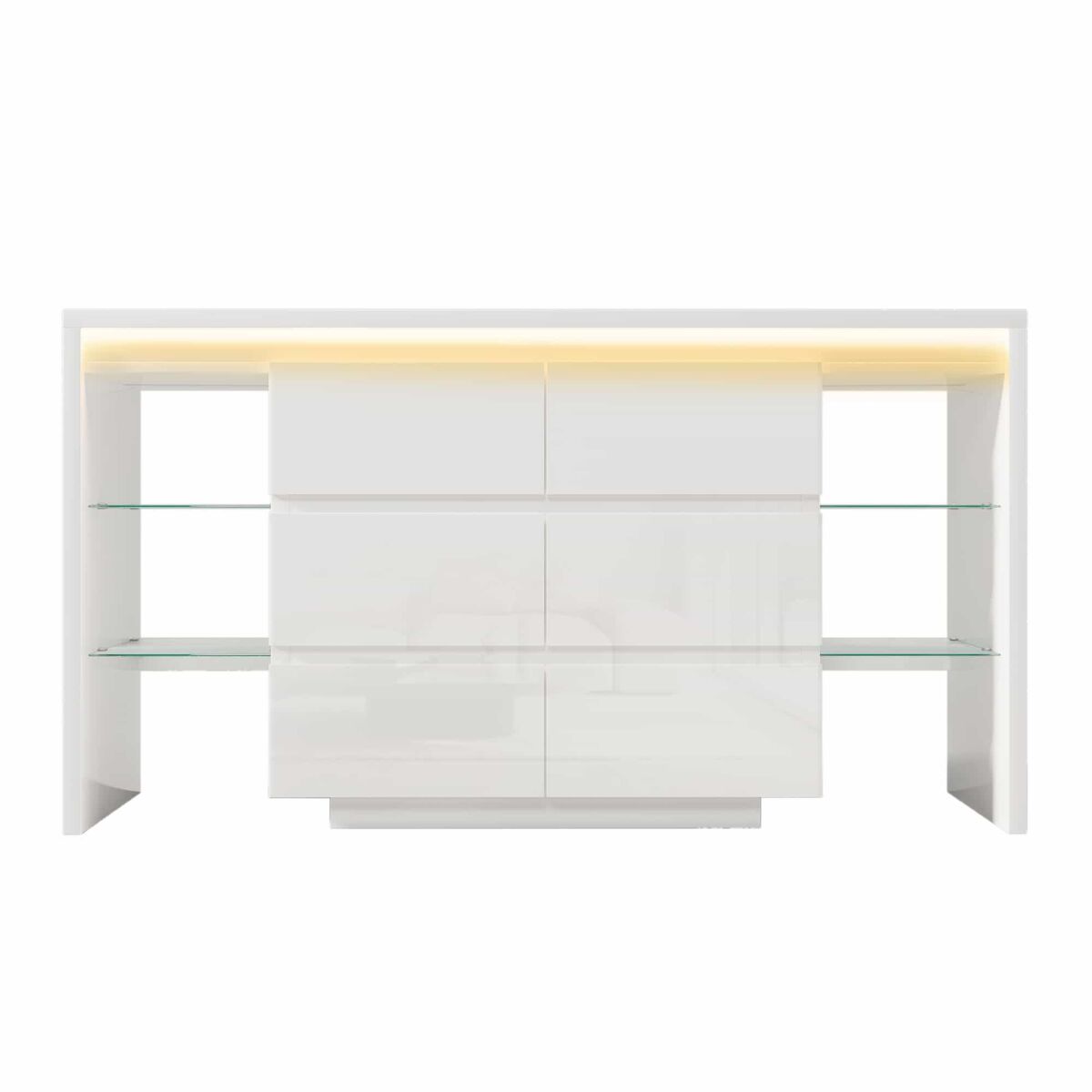 Aparador 155x40x80 cm - con iluminación led inteligente con app, 6 cajones y 4 estantes de cristal - blanco