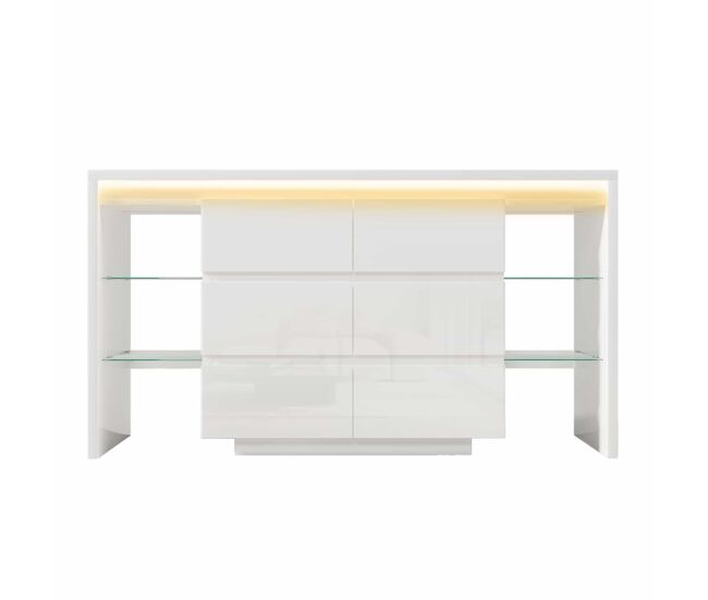 Aparador 155x40x80 cm - con iluminación led inteligente con app, 6 cajones y 4 estantes de cristal - blanco