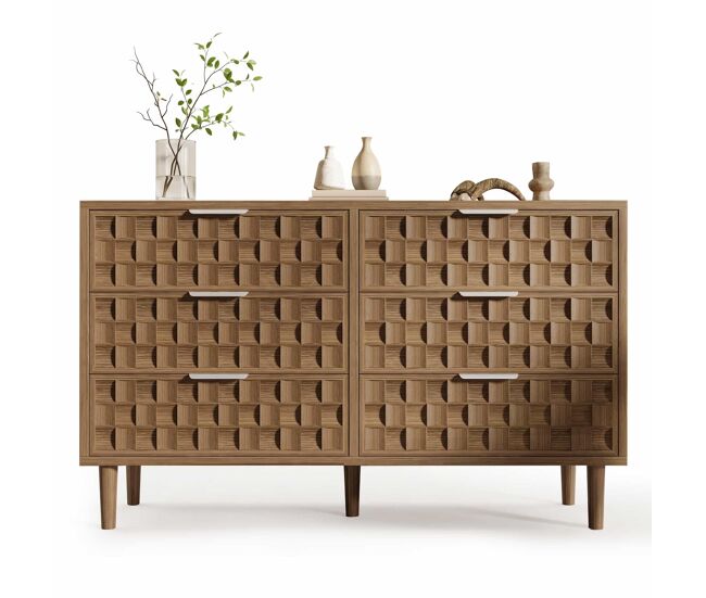Aparador 120x37x77 cm - diseño chocolate waffle con 6 cajones y tiradores metálicos estilo mid-century - roble