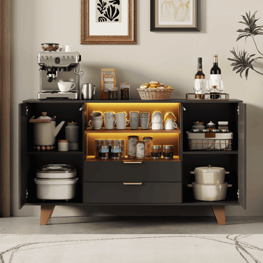 Aparador de cozinha 150x40x90 cm u2013 com iluminação LED, gavetas e prateleiras ajustáveis u2013 Natural+Preto Aparador de cozinha 150x40x90 cm u2013 com iluminação LED, gavetas e prateleiras ajustáveis u2013 Natural+Preto
