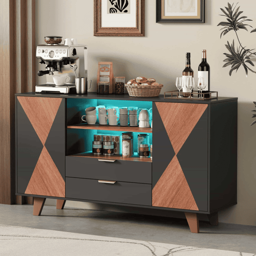 Aparador de cozinha 150x40x90 cm u2013 com iluminação LED, gavetas e prateleiras ajustáveis u2013 Natural+Preto Aparador de cozinha 150x40x90 cm u2013 com iluminação LED, gavetas e prateleiras ajustáveis u2013 Natural+Preto