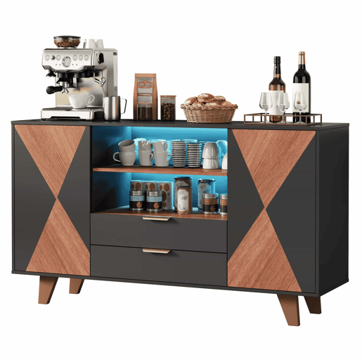 Aparador de cozinha 150x40x90 cm u2013 com iluminação LED, gavetas e prateleiras ajustáveis u2013 Natural+Preto Aparador de cozinha 150x40x90 cm u2013 com iluminação LED, gavetas e prateleiras ajustáveis u2013 Natural+Preto