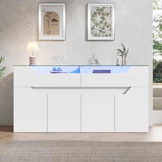 Aparador 140 x 40 x 70 cm - 2 gavetas, tampo em vidro temperado, estrutura em MDF - Branco Aparador 140 x 40 x 70 cm - 2 gavetas, tampo em vidro temperado, estrutura em MDF - Branco