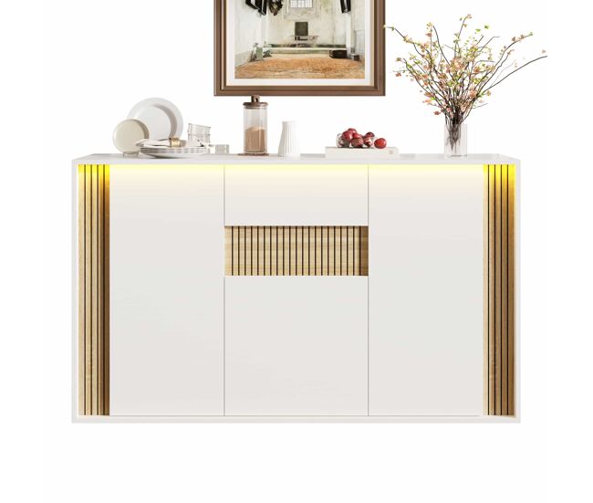 Aparador 140x40x82 cm - 3 puertas, 1 cajón con iluminación led ajustable - blanco con veta de madera natural