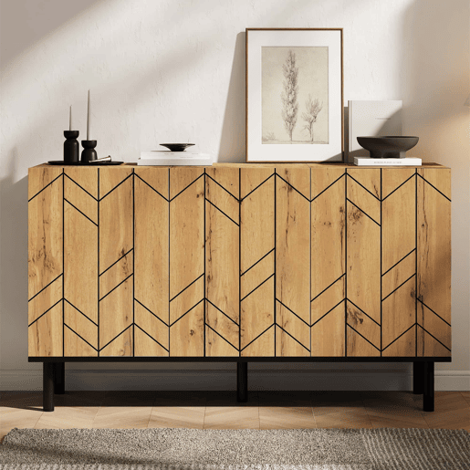 Aparador 120 x 35 x 70 cm - 3 portas, design ondulado, pés metálicos, 50 kg - madeira natural Aparador 120 x 35 x 70 cm - 3 portas, design ondulado, pés metálicos, 50 kg - madeira natural