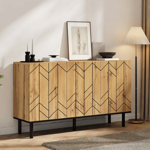 Aparador 120 x 35 x 70 cm - 3 portas, design ondulado, pés metálicos, 50 kg - madeira natural Aparador 120 x 35 x 70 cm - 3 portas, design ondulado, pés metálicos, 50 kg - madeira natural