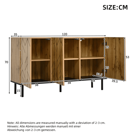 Aparador 120 x 35 x 70 cm - 3 portas, design ondulado, pés metálicos, 50 kg - madeira natural Aparador 120 x 35 x 70 cm - 3 portas, design ondulado, pés metálicos, 50 kg - madeira natural