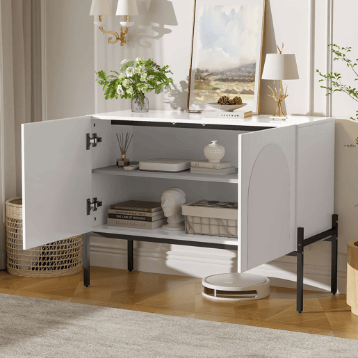 Aparador 100 x 75 x 40 cm - 2 portas, pés metálicos, design com linhas curvas, estilo moderno minimalista - Branco Aparador 100 x 75 x 40 cm - 2 portas, pés metálicos, design com linhas curvas, estilo moderno minimalista - Branco