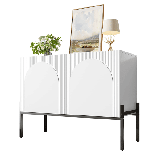 Aparador 100 x 75 x 40 cm - 2 portas, pés metálicos, design com linhas curvas, estilo moderno minimalista - Branco Aparador 100 x 75 x 40 cm - 2 portas, pés metálicos, design com linhas curvas, estilo moderno minimalista - Branco