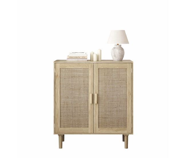 Armario de almacenamiento de 2 puertas 80cm - rattan, para salón, comedor, recibidor - color natural