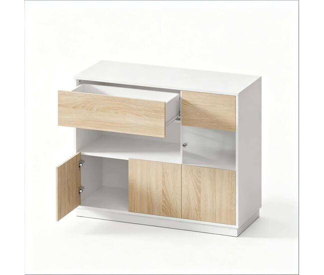 Armario de entrada - amplio armario de almacenamiento multifuncional, aparador de cocina con diseño moderno - blanco + roble claro