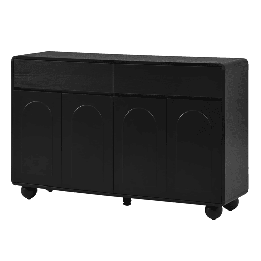 Aparador de 140 cm - portas curvas modernas, armário de arrumação em PB e MDF, pés metálicos redondos - preto Aparador de 140 cm - portas curvas modernas, armário de arrumação em PB e MDF, pés metálicos redondos - preto