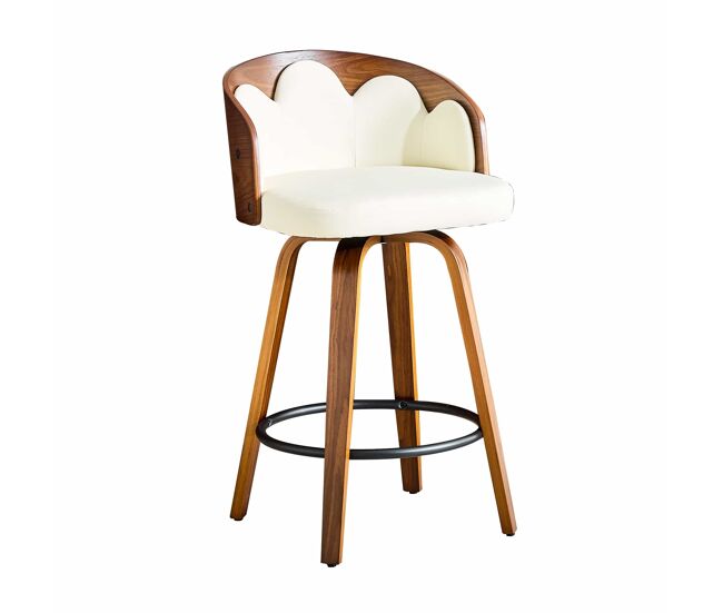 Taburetes de bar 2 unidades - respaldo de flores, estructura de madera curvada, cuero pu, reposapiés metálico, estilo moderno - blanco
