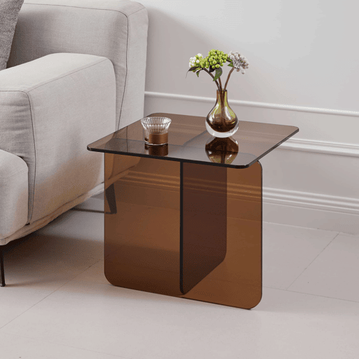 Mesa auxiliar de vidro de 45 cm - Vidro temperado curvo transparente, mesa de sofá - Castanho Mesa auxiliar de vidro de 45 cm - Vidro temperado curvo transparente, mesa de sofá - Castanho