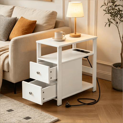 Mesa auxiliar estreita 40x30 cm u2014 com tomada integrada e design compacto u2014 branca Mesa auxiliar estreita 40x30 cm u2014 com tomada integrada e design compacto u2014 branca